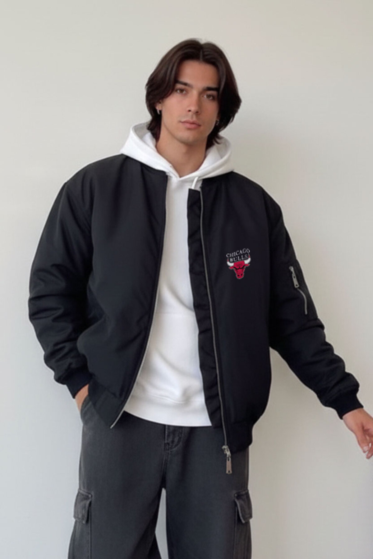 Cool mans Oversize Erkek Siyah Bomber Ceket - Su İtici Kumaş Mevsimlik Pilot Ceket