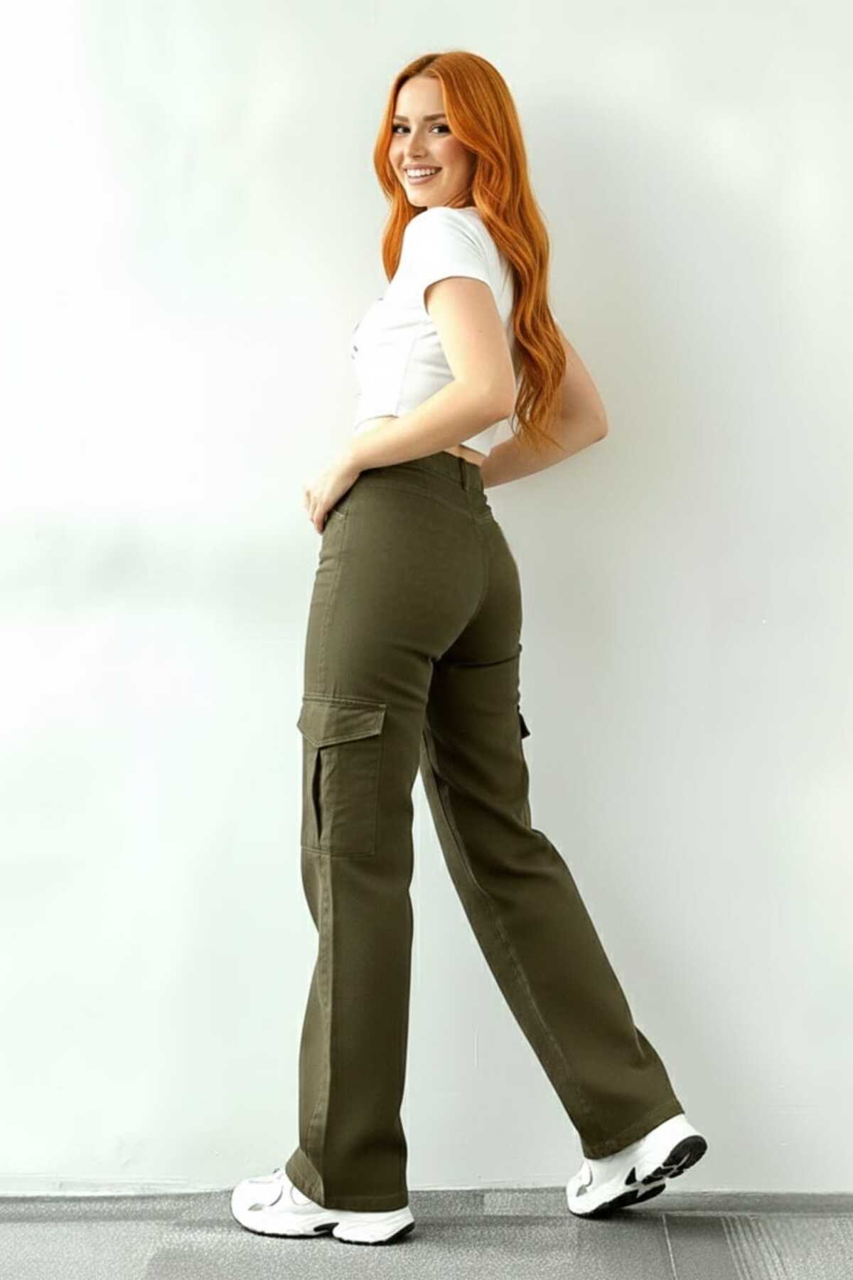 Trn JNS  Maribel Likralı Salaş Kargo Arka Cepsiz Haki Süper Yüksek Bel Salaş Paça Denim Kot Pantolon - Görsel 2