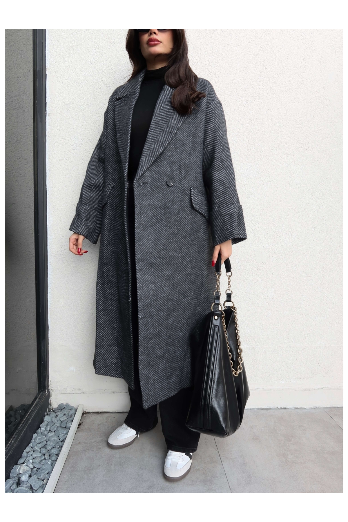 ESRAHELVACI  Balıksırtı Desen Cepli Uzun Kaban - Görsel 3