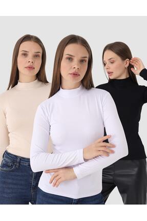 SIR Secret Kadın Balıkçı Yaka Uzun Kol Body Siyah Beyaz Ten - 3’lü Avantaj Set