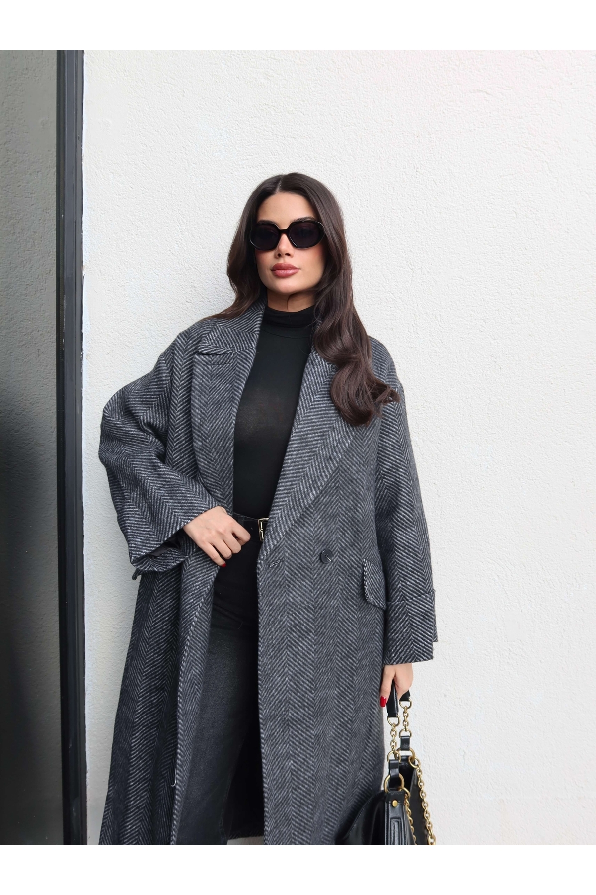 ESRAHELVACI  Balıksırtı Desen Cepli Uzun Kaban - Görsel 4