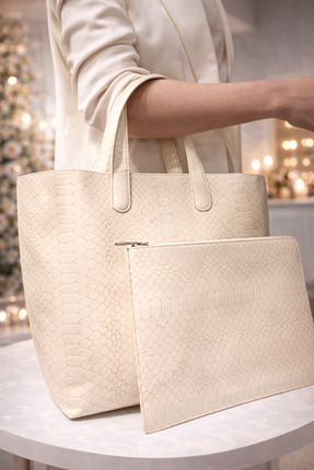 HEDCOLLECTION Yılan Desenli Deri Tote Çanta & Clutch Seti