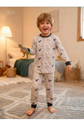 NiCe İç Giyim Uzun Kollu Dinazor Deseneli Gri Erkek Çocuk Pijama Takım