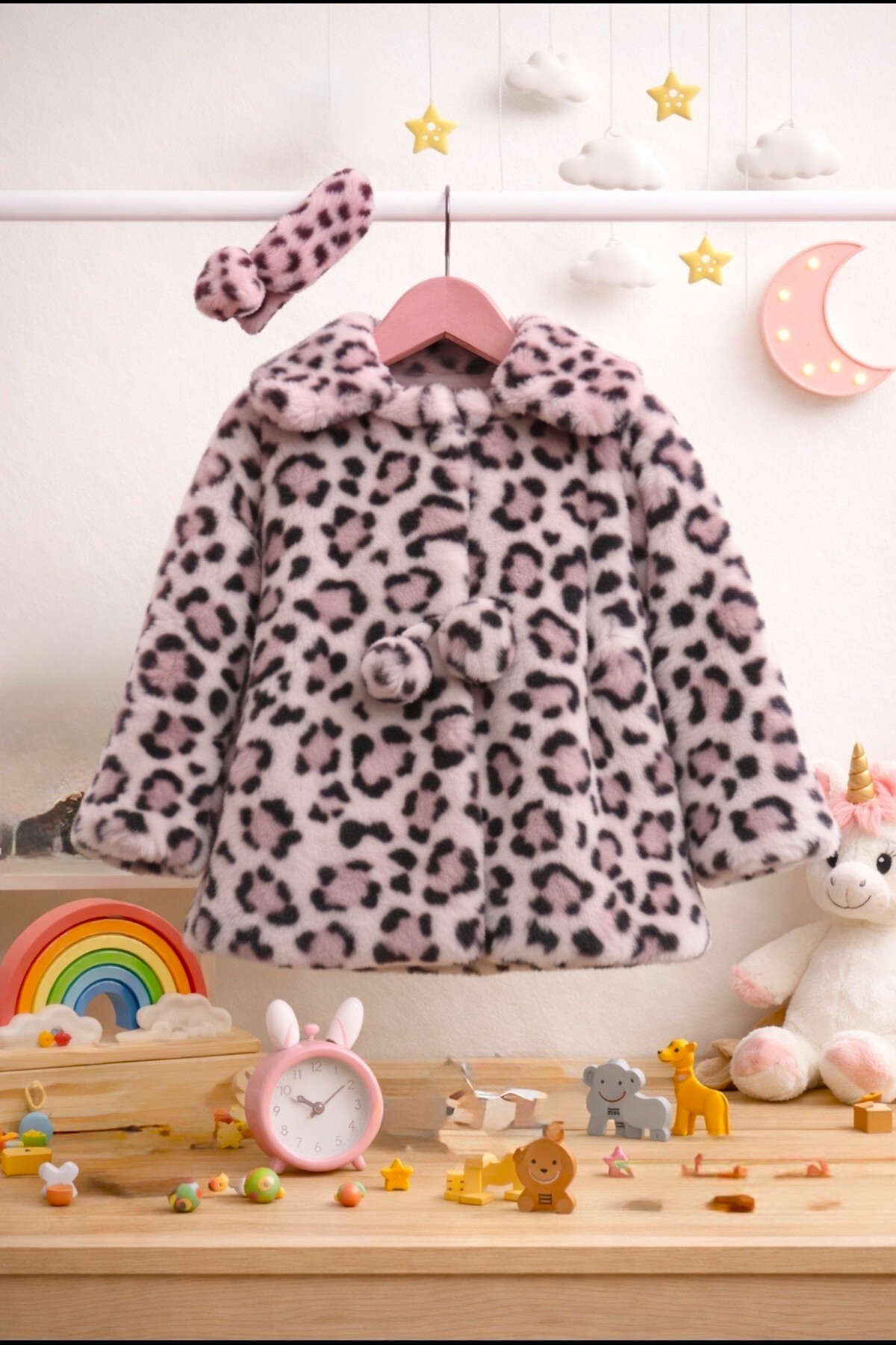 DeKuBaby Leopar Desenli - Bandanalı Peluş Kız Bebek-Çocuk Mont fotoğrafı 4 (önizleme)