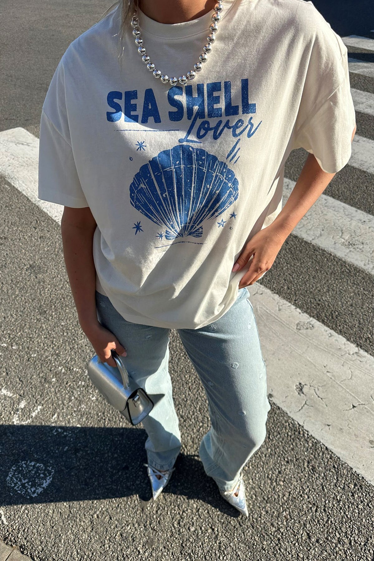 Women's Oversized T-Shirt Sea Shell Lover Printed White – Crew Neck, 100% Cotton Compact Single Jersey 24/1