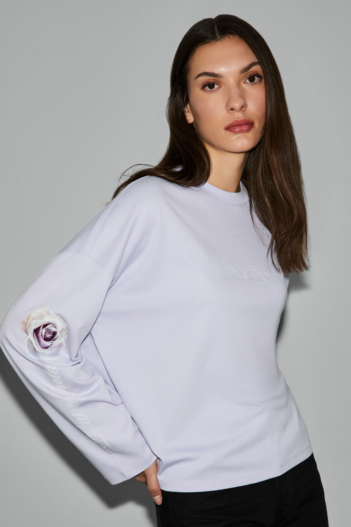 GRIMELANGE CIANELLE Kadın Organik Pamuklu Bisiklet Yakalı Uzun Kollu Oversize Lila T-Shirt