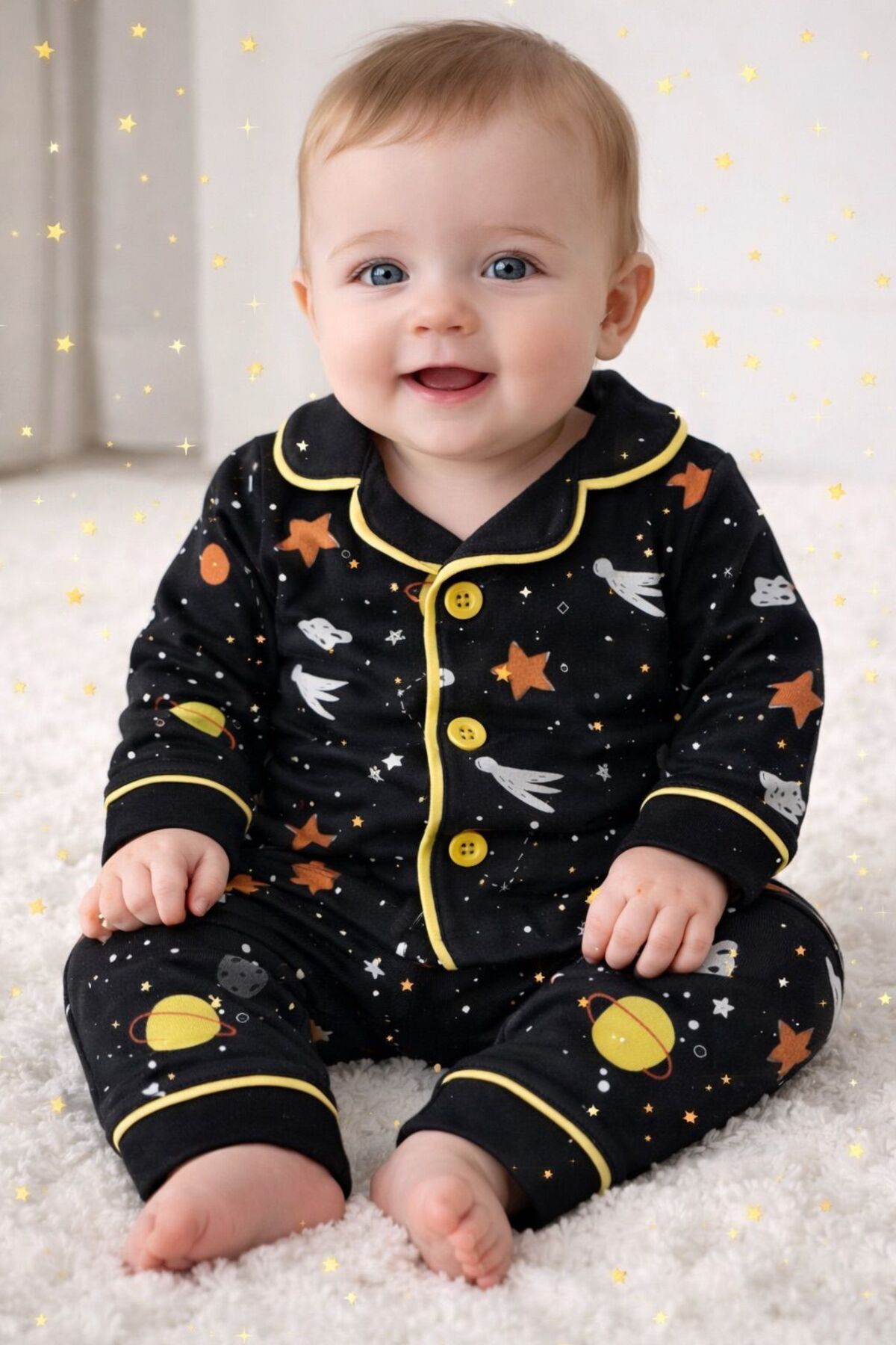 derin baby %100 Pamuklu Uzay Desenli Alt-Üst Erkek & Kız Unisex Pijama Takımı fotoğrafı 2 (önizleme)