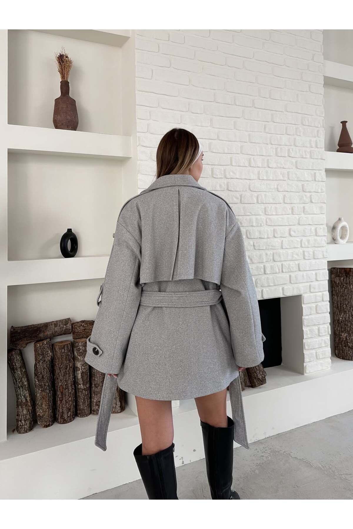 Robe De Lion Kaban Kısa Boy Düğmeli Kuşaklı Yeni Sezon Dış Giyim görsel 7