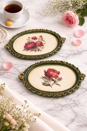 xirshop Sunum Tepsisi El Yapımı Yeşil Gold Çiçek Desenli Oval | Vintage & Şık...