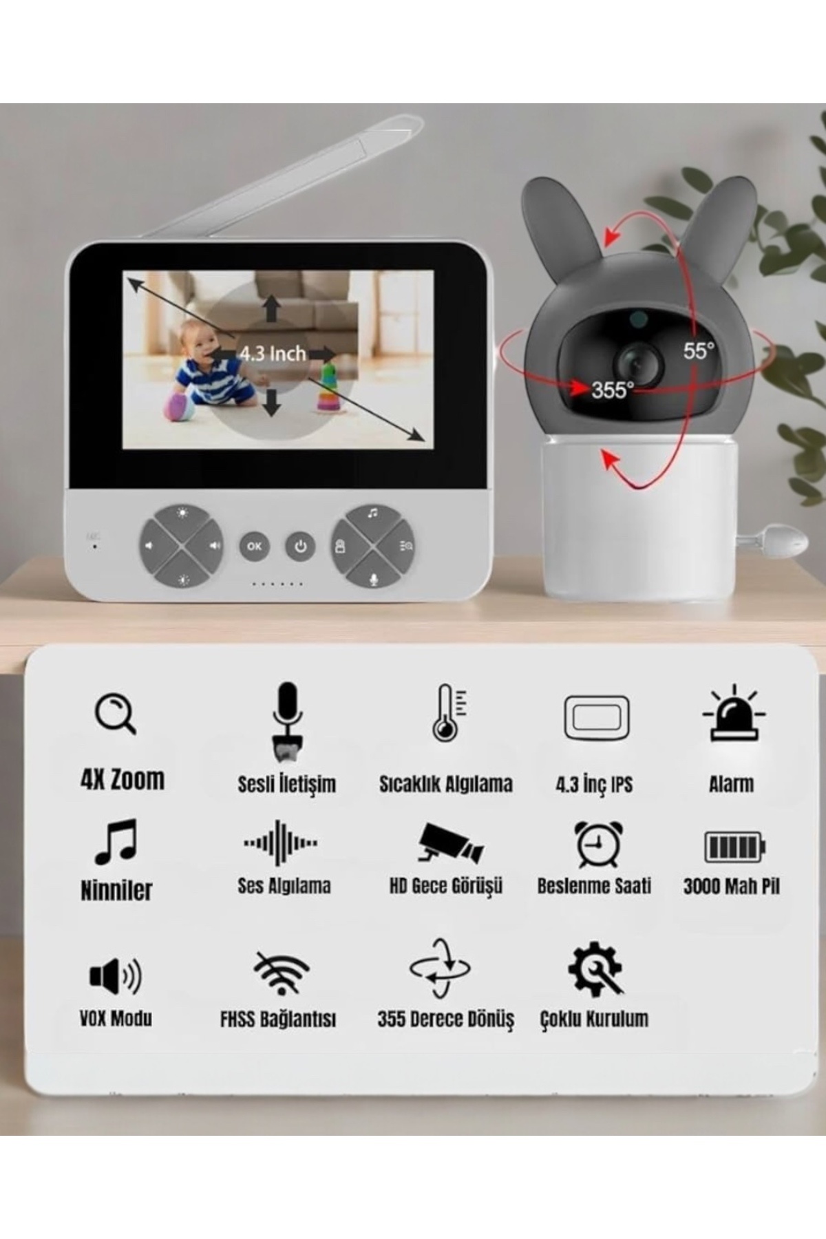 KILIF HOUSE Bebek Kamerası Kumandalı Monitörlü Karşılıklı Konuşma ve Dinleme , Hatırlatıcılı IP Bebek Kamerası fotoğrafı 2 (önizleme)