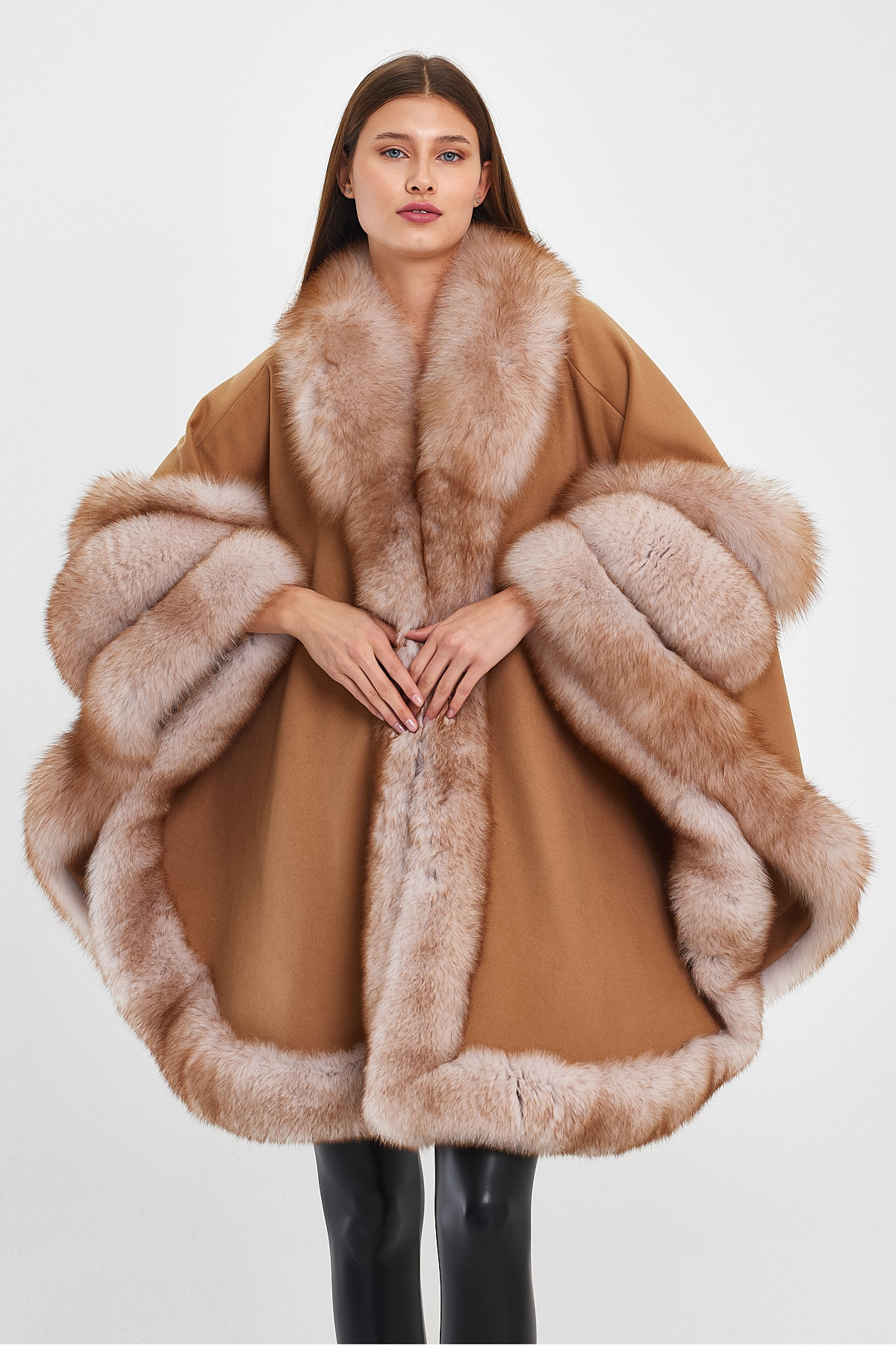 nero leather fur Camel Color Women's Poncho with Fur Detail Shawl