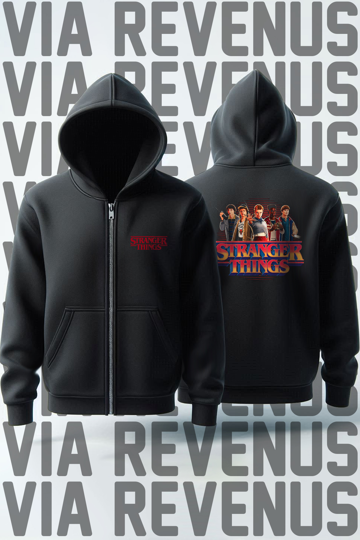 Stranger Things Ön ve Arka Baskılı Unisex Fermuarlı Kapüşonlu Sweatshirt Hırka — مشکی FH0911FH0911StrangerThingsAll