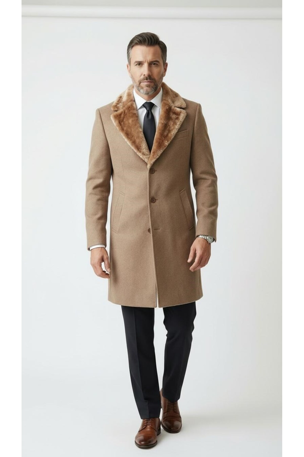 Erkek Uzun Kaşe Kaban Palto Mont– Çıkartılabilir Kürk Yaka, Astarlı ve Cepli Slim Fit — بژ PRA-13283702-768191