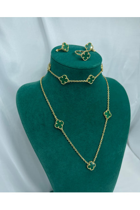 Amora Perla Jewelry 925 Ayar Gümüş Yeşil Yonca Model 4'lü Set– 14 Ayar Altın ...