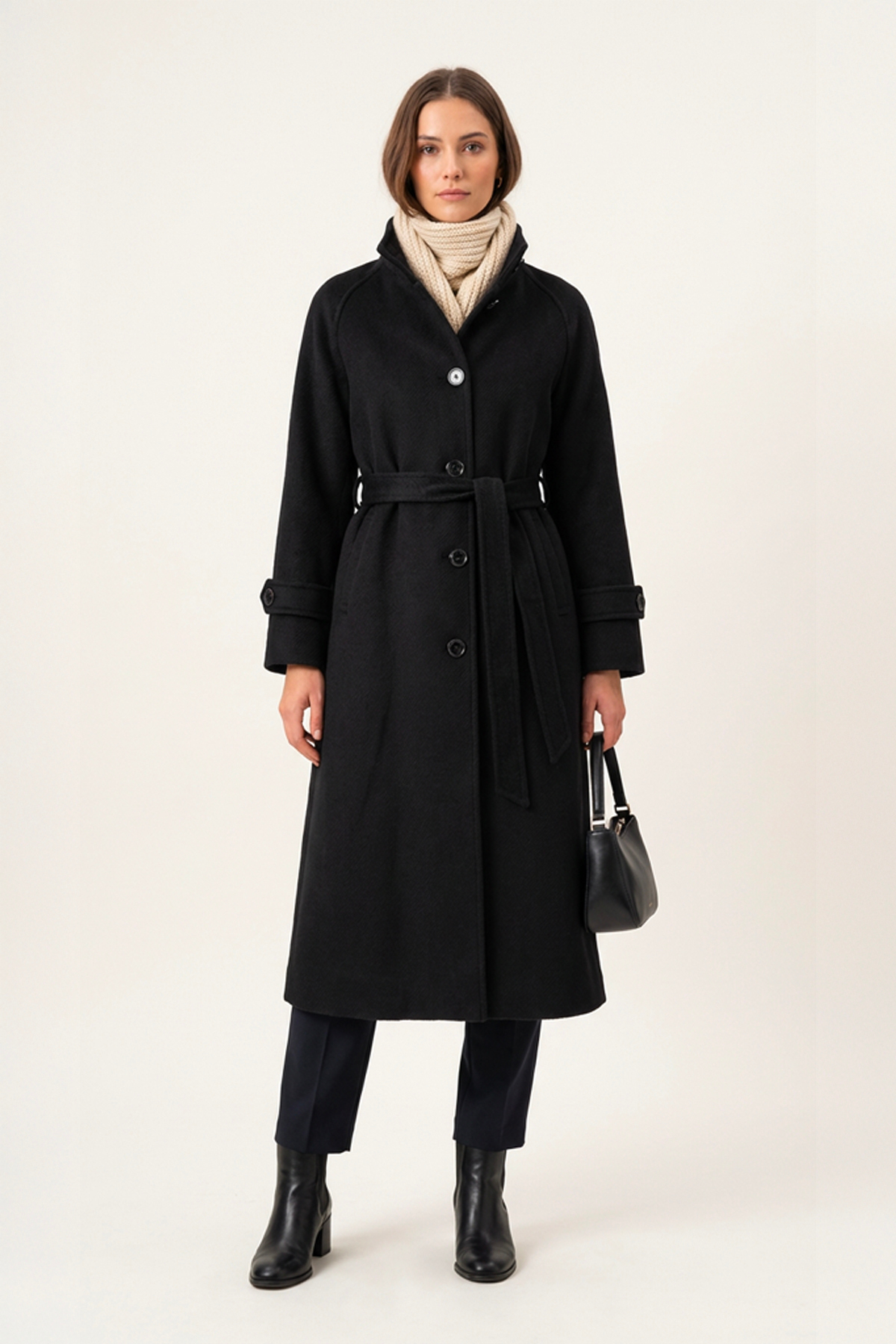 Black Judge Collar Alpaca Inlay Raglan Sleeve Belted 128 cm Long Coat 2400