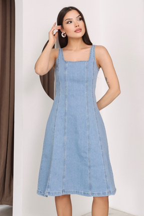 BLUE NATIONAL JEANS Nova Midi Boy Gök Mavi Askılı Kadın Kot Elbise BNJ-4992