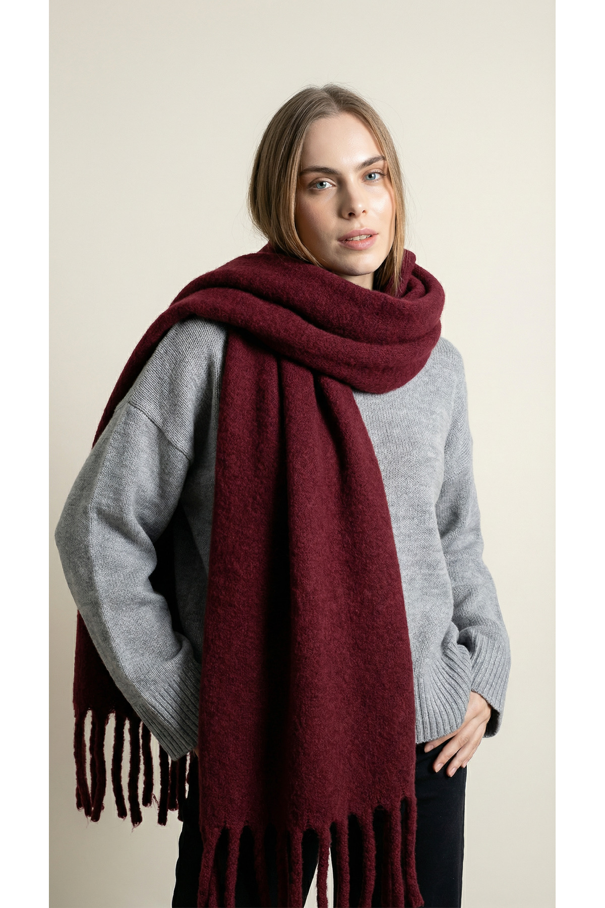 Shophia  İthal Puffy Oversize Kadın Atkı Şal - Bordo