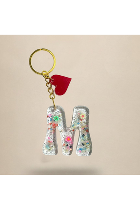 RS Gift Store M Harf Simli Epoksi Anahtarlık Kalp Figürlü