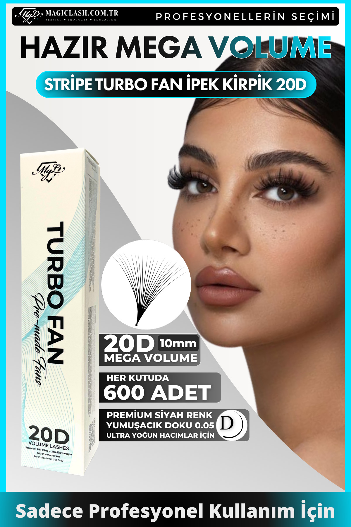 20D Mega Volume Hazır Demet İpek Kirpik Turbo Fan – 10mm D Kıvrım 600 Adetli — 20DStripeturbofan-10mm