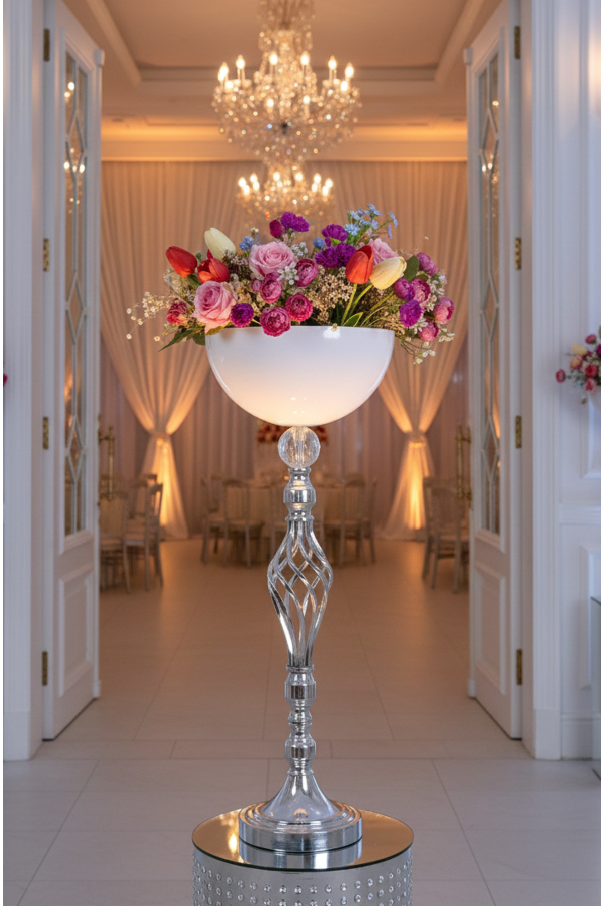 Chrome Decorative Modern Crystal Stone Auger Leg White 25 cm. Diameter Garden Terrace Home Flower Pot Stand Vase Decor