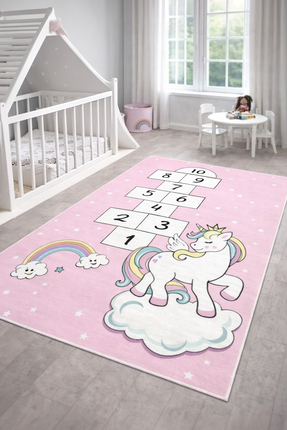 Nihai Ev Dijital Baskı Leke Tutmaz Kaymaz Unicorn Seksek Oyun Halısı Çocuk Ha...