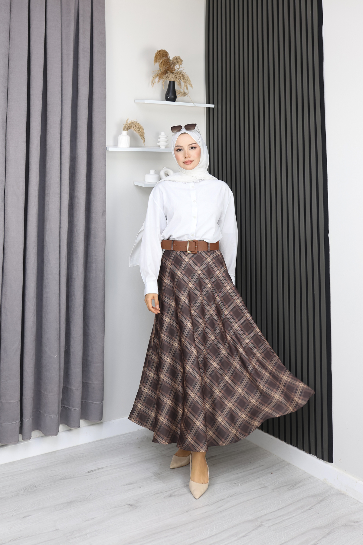 Grosh Fashion  Ekose Desenli Uzun Etek – Kemer Detaylı - Görsel 4