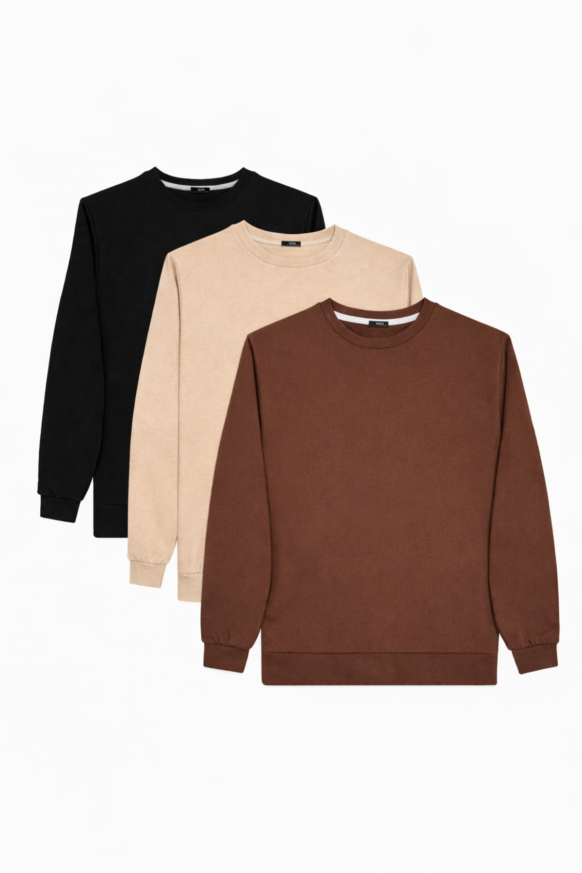 Tudors  Erkek 3'lü Kahverengi-Taş-Siyah Relax Fit Rahat Kesim %100 Pamuk 2 İplik Bisiklet Yaka Sweatshirt