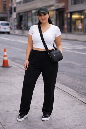 OYERGA MODA Kadın Büyük Beden Siyah Beli Lastikli Rahat Kesim Günlük Pantolon