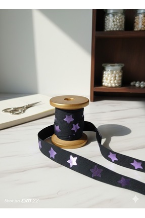 satab Fransız Yıldız Baskılı Kurdele / Dekoratif Şerit 15mm siyah 20Metre