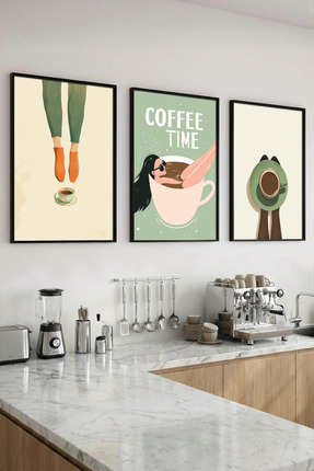 Yoko Home 3’lü Mutfak ve Coffee Tasarımlı Ahşap Çerçeveli Tablo Seti, Modern ...