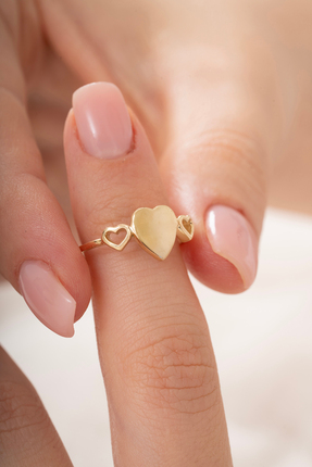 ALİSGOLD1986 14 Ayar Altın Üçlü Kalp Figürlü Minimal Kadın Yüzük
