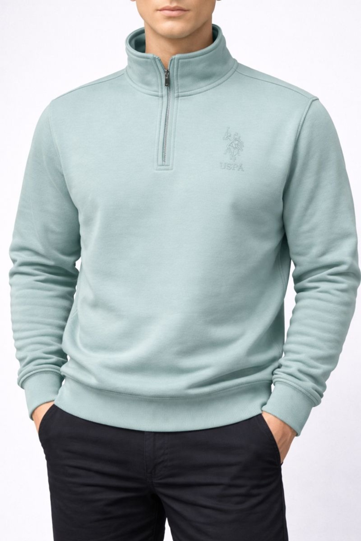یو اس پولو سویشرت یقه پولو مردانه نیم زیپ برس خورده