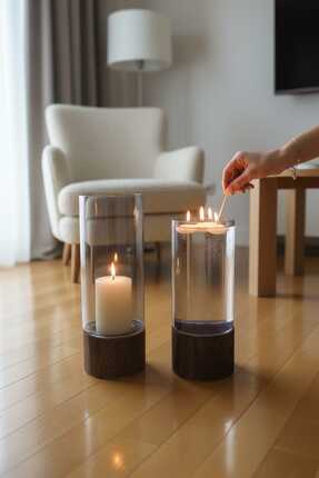 luss collection 2 Li Takım Ahşap Ayaklı İskandinav Tarzı Cam Silindir Mumluk ...