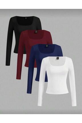 MİLYA&GYM Kadın 4'lü Paket Kaşkorke Fitilli Pamuklu Kare Yaka Uzun Kollu Vücu...