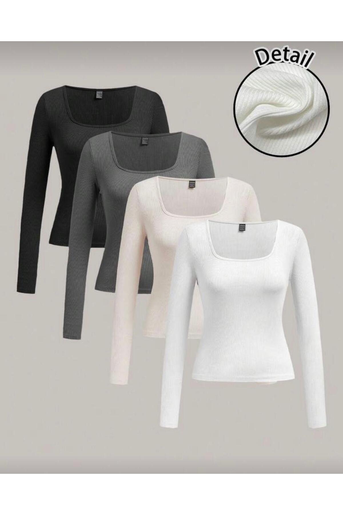 MİLYA&GYM Women's 4-Pack Kaşkorke Corded Fabric Cotton Square Neck Long Sleeve Body-Hugging Crop Blouse