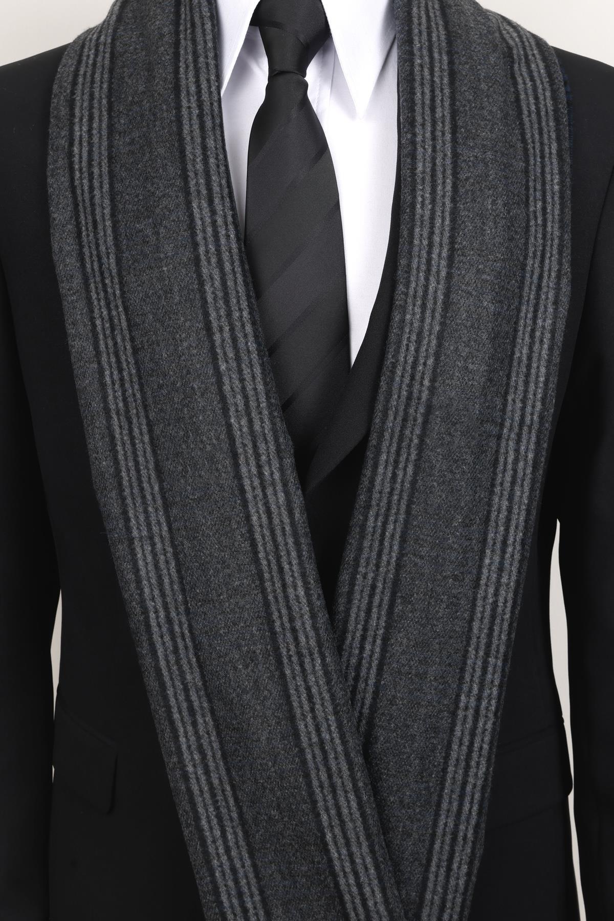  شال پشمی راه راه خاکستری و مشکی - شال مردانه کلاسیک و شیک