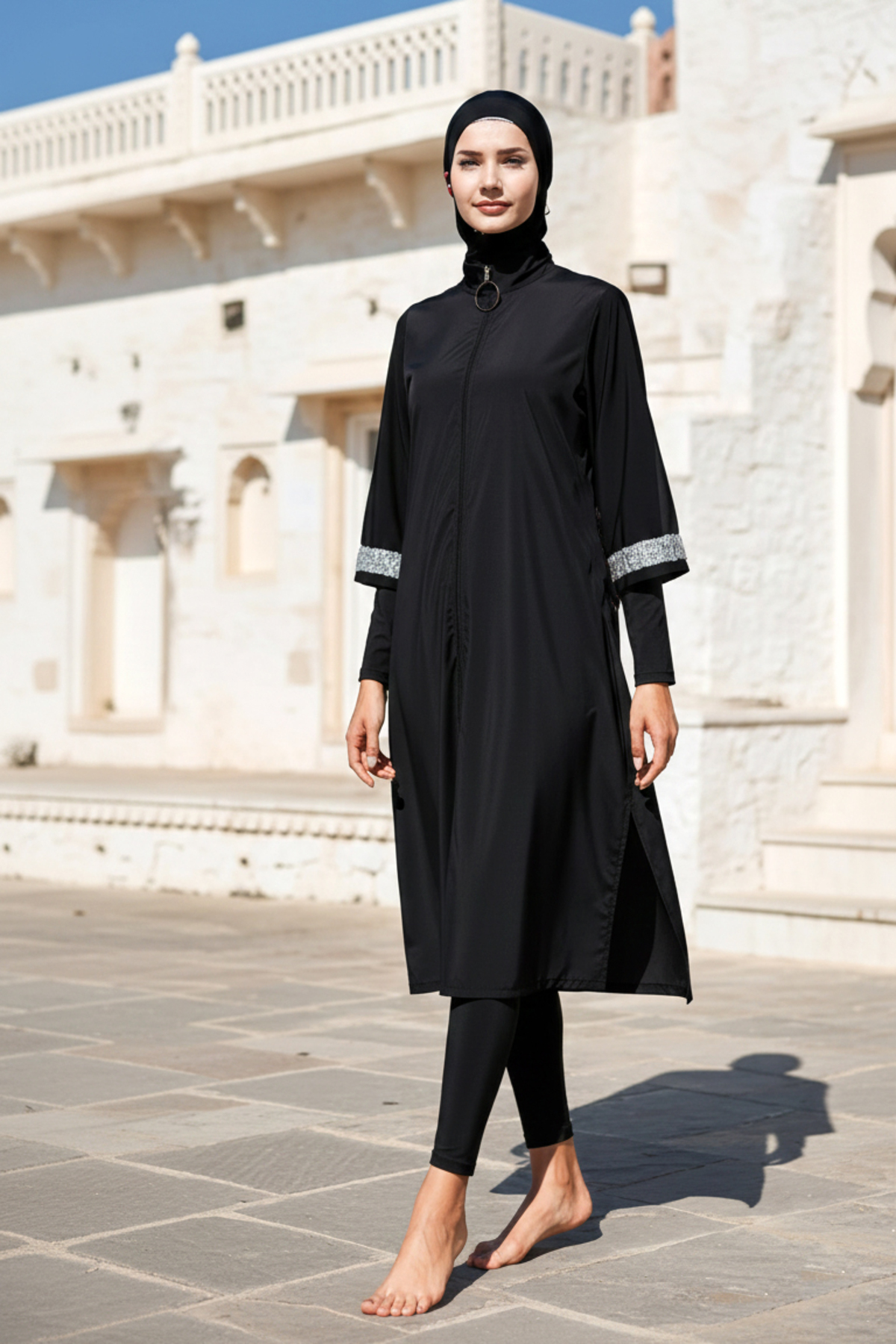 Full Closed Hijab Swimsuit Set Black 3-Piece Parachute Fabric – M2032