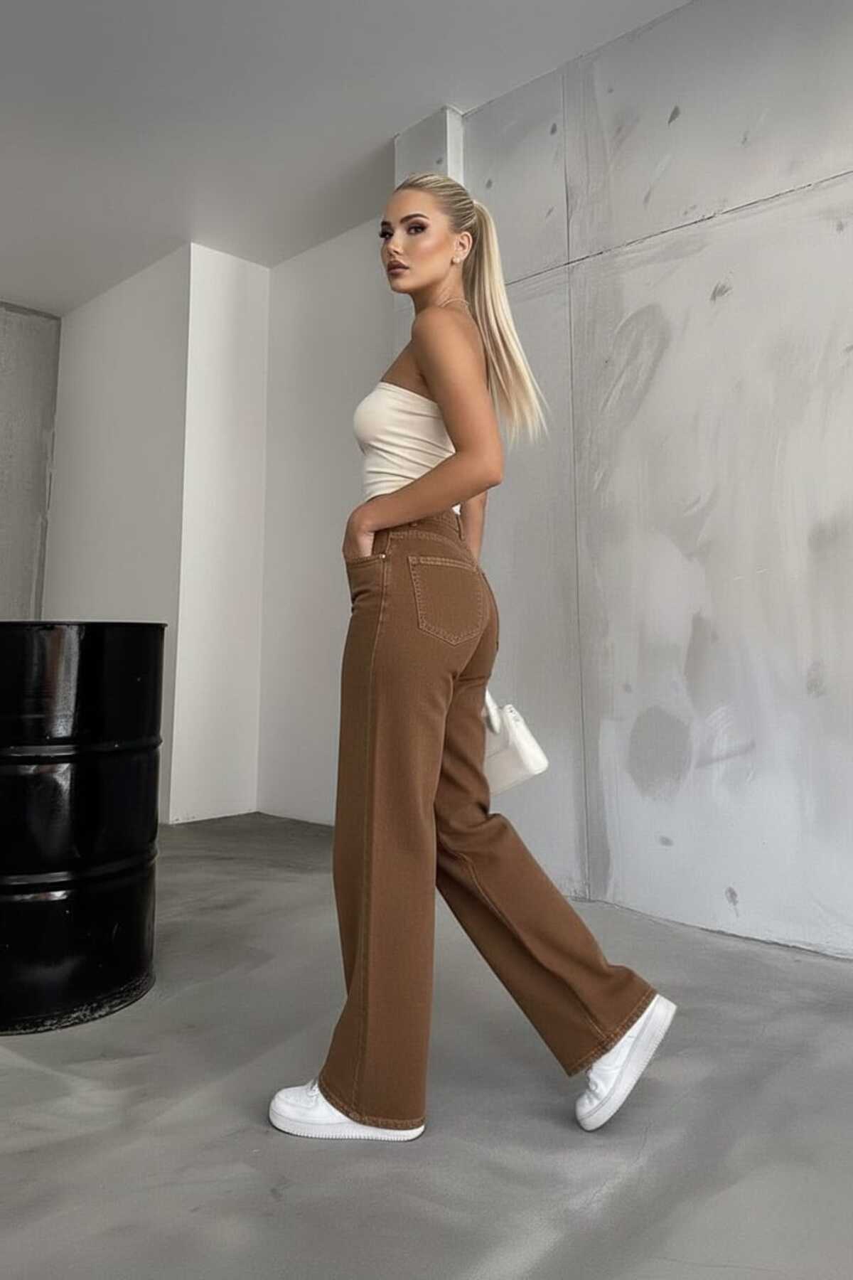 NWC  Kadın Açık Kahverengi Likralı Süper Yüksek Bel Salaş Paça Denim Palazzo Pantolon - Görsel 5