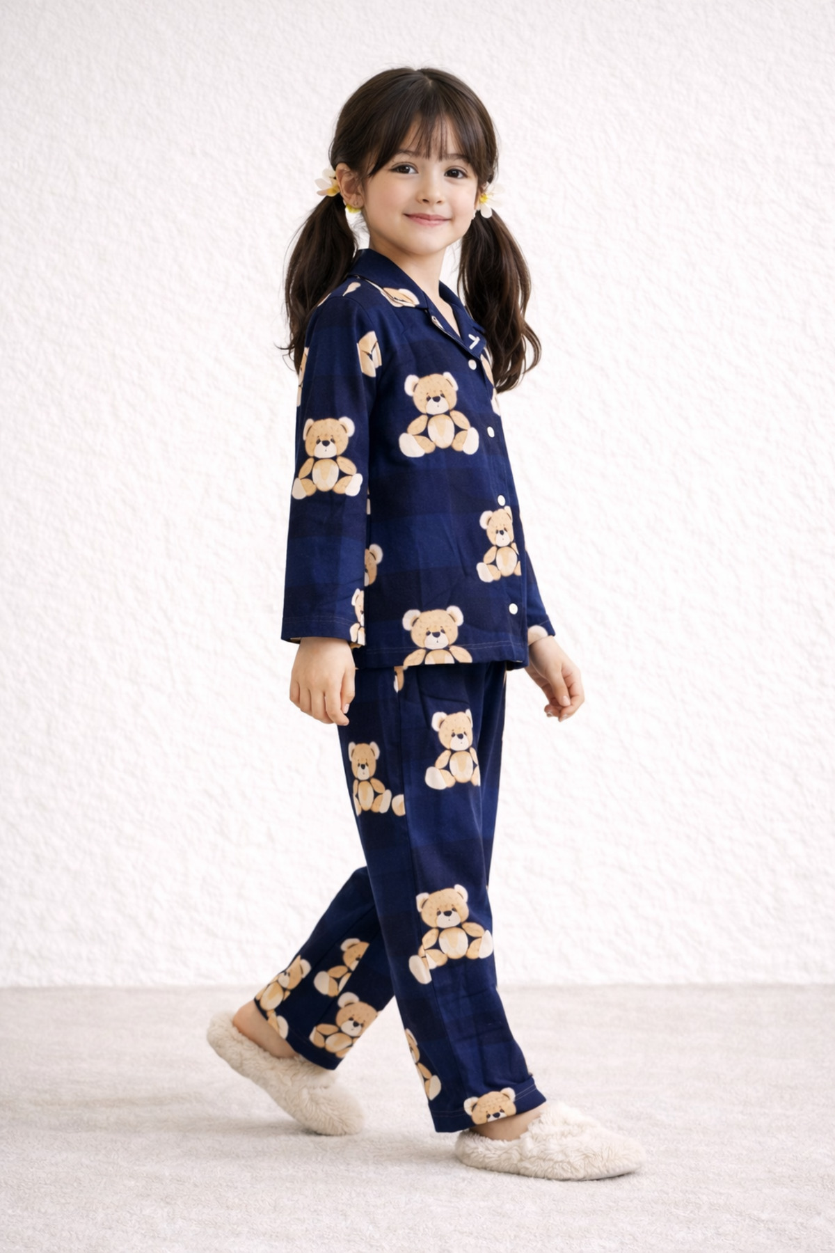 Beka Kids Lacivert Desenli Uzun Kollu Önden Düğmeli Gömlek Yaka Kız Çocuk Pijama Takımı fotoğrafı 3 (önizleme)