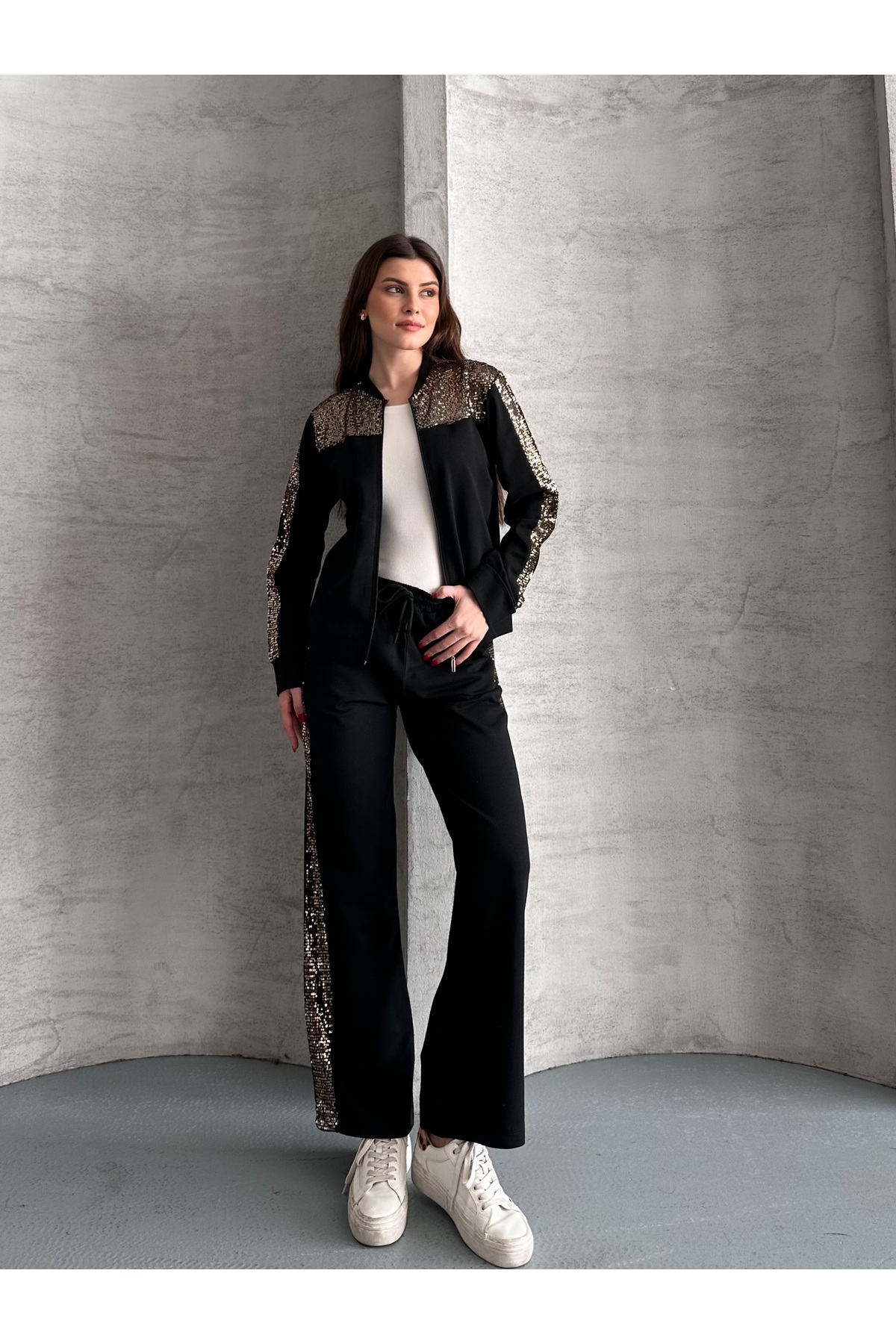 Women's Long Sleeve Zipper Sequined Two Thread Bottom Top Set