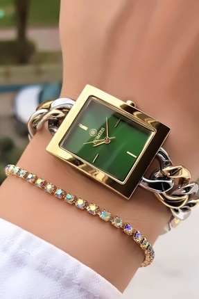 Homies Kadın Kol Saati Çelik Zincir Kordon Gold Gümüş Yeşil Renk Hediye Bilek...