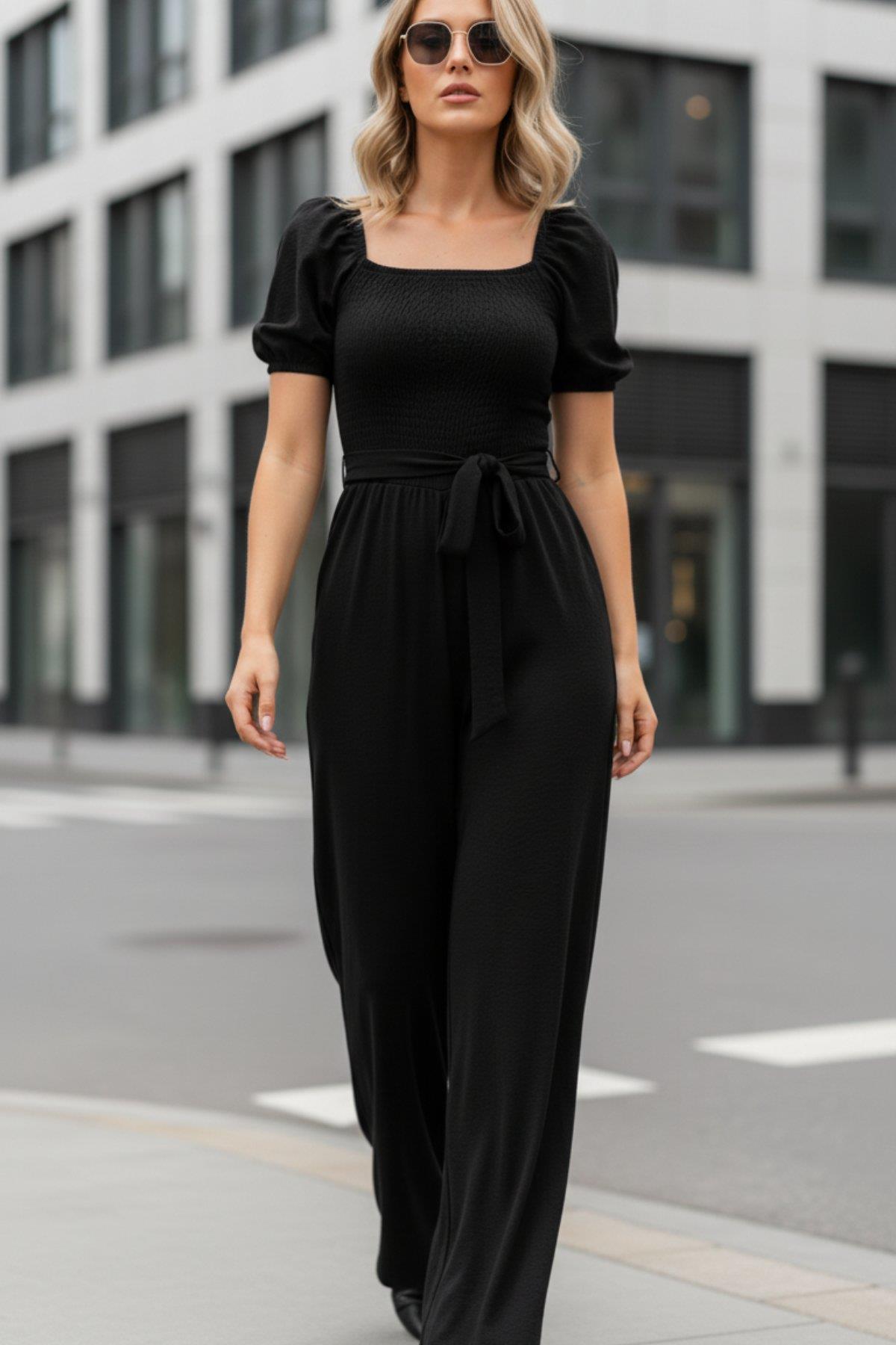 Short Sleeve Chest Gimmer Long Jumpsuit - Black