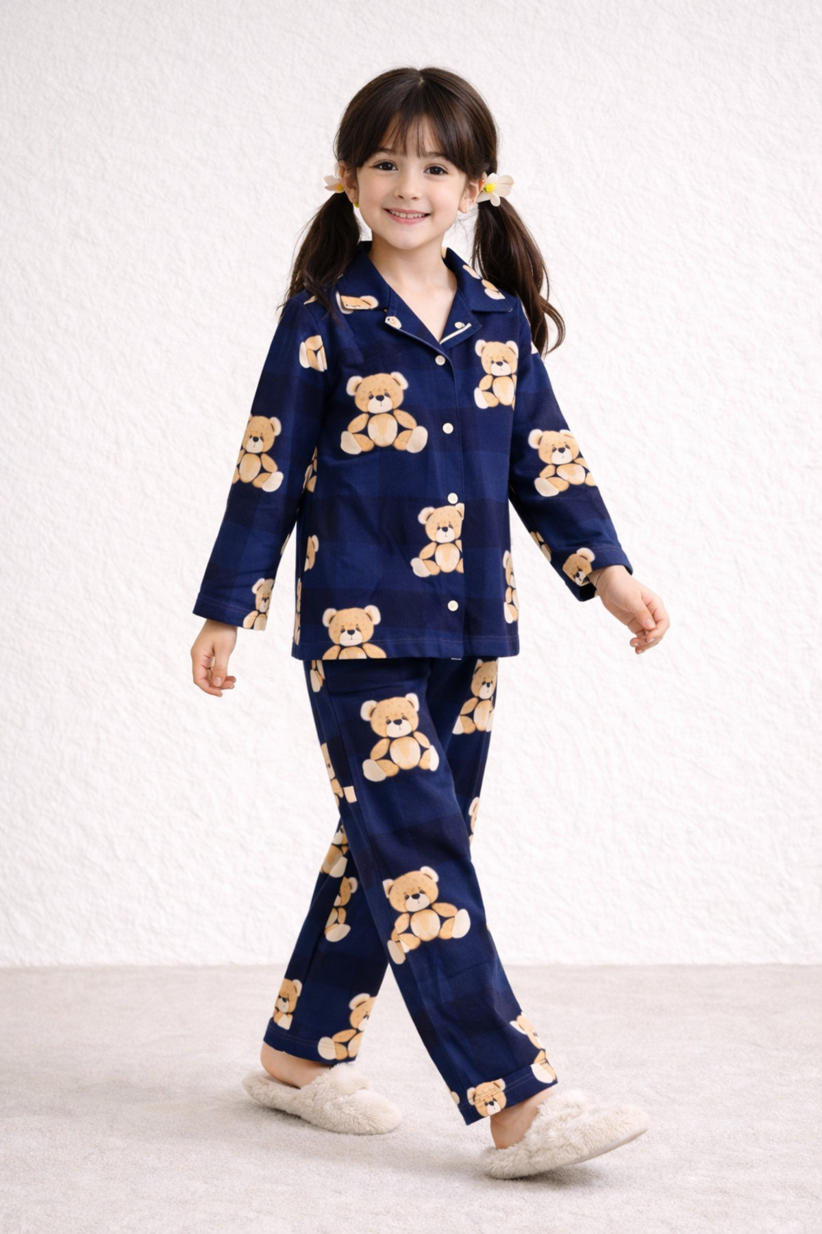 Beka Kids Lacivert Desenli Uzun Kollu Önden Düğmeli Gömlek Yaka Kız Çocuk Pijama Takımı fotoğrafı 2 (önizleme)
