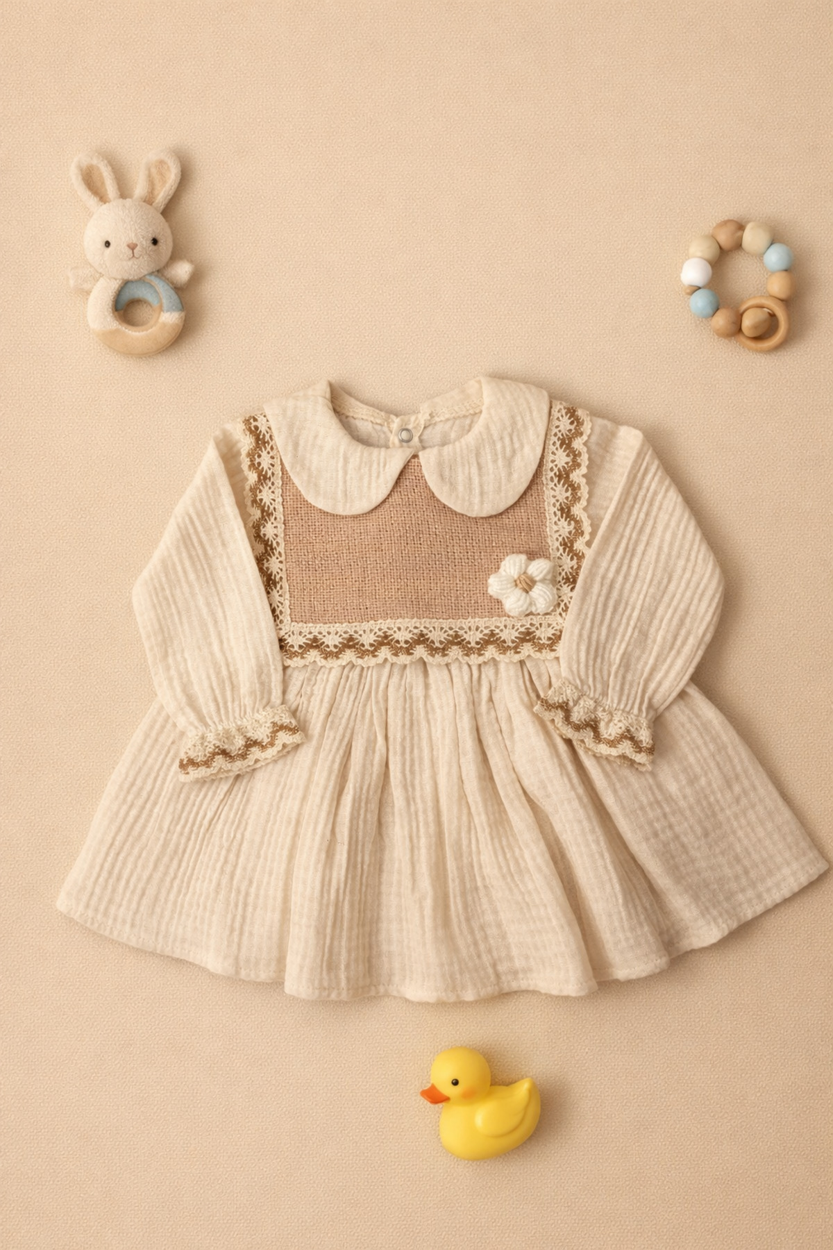 BEBEXO KIDS Kız Bebek Müslin Kumaş Papatyalı Nakış Detaylı Elbise|9-12-18-24 Ay fotoğrafı 3 (önizleme)