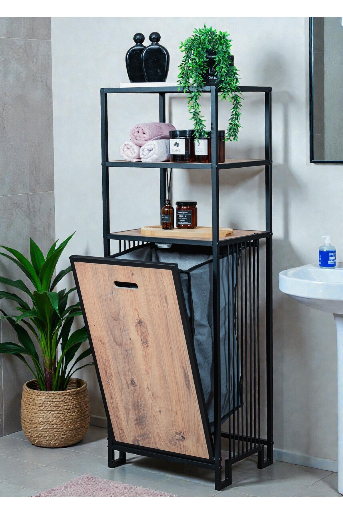 DECORATIVE DIRTY BATHROOM CABINET WITH BASKET 3 SHELF LAUNDRY BASKET WITH METAL BODY WITH WOODEN SHELF ORGANİZER