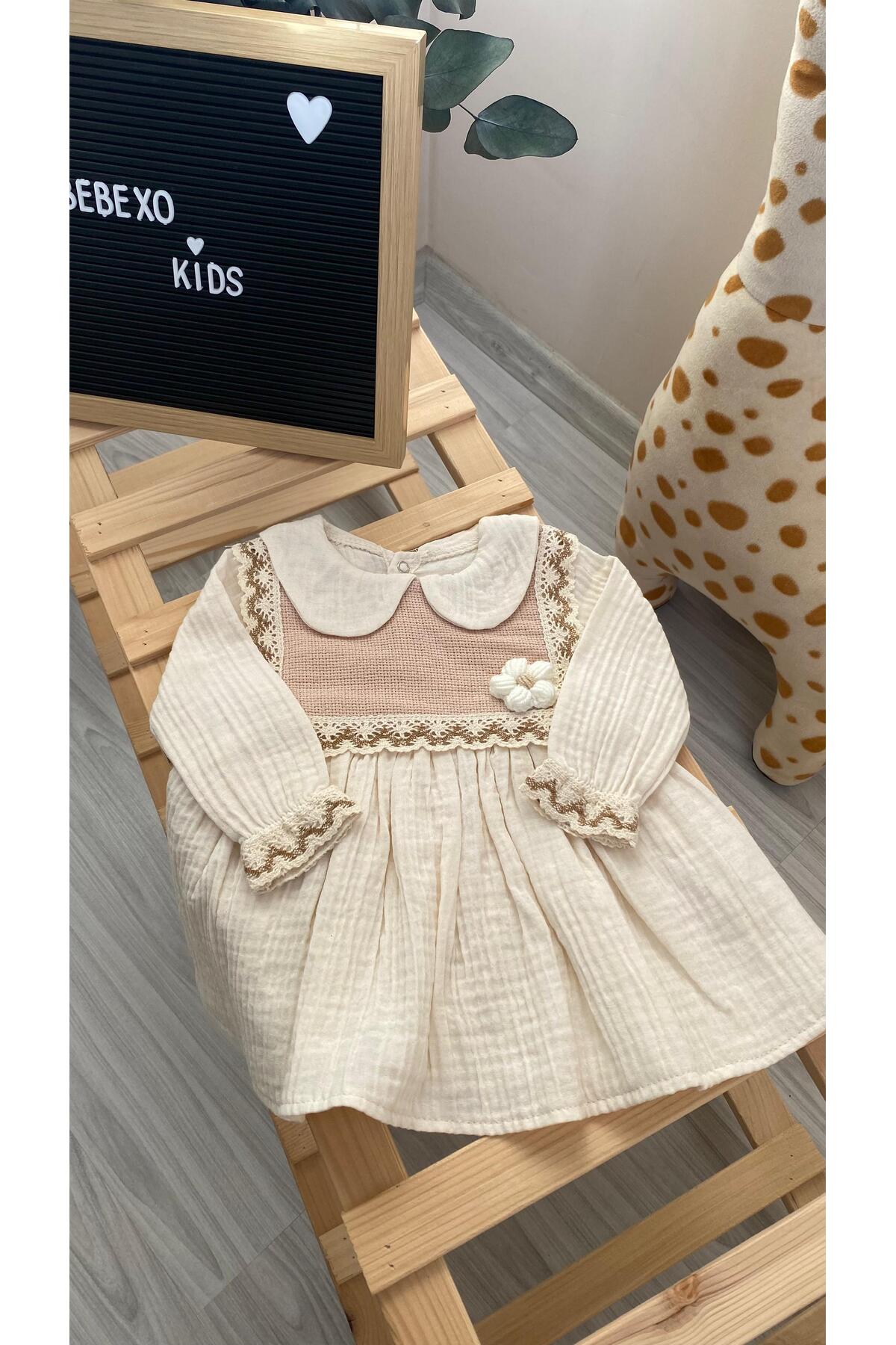 BEBEXO KIDS Kız Bebek Müslin Kumaş Papatyalı Nakış Detaylı Elbise|9-12-18-24 Ay fotoğrafı 4 (önizleme)