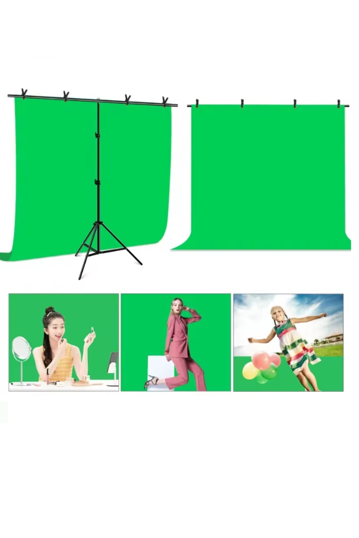 2x2m chromakey, green screen ,greenbox yeşil fon Kiti T Braket Standı + 5 adet Klipsler