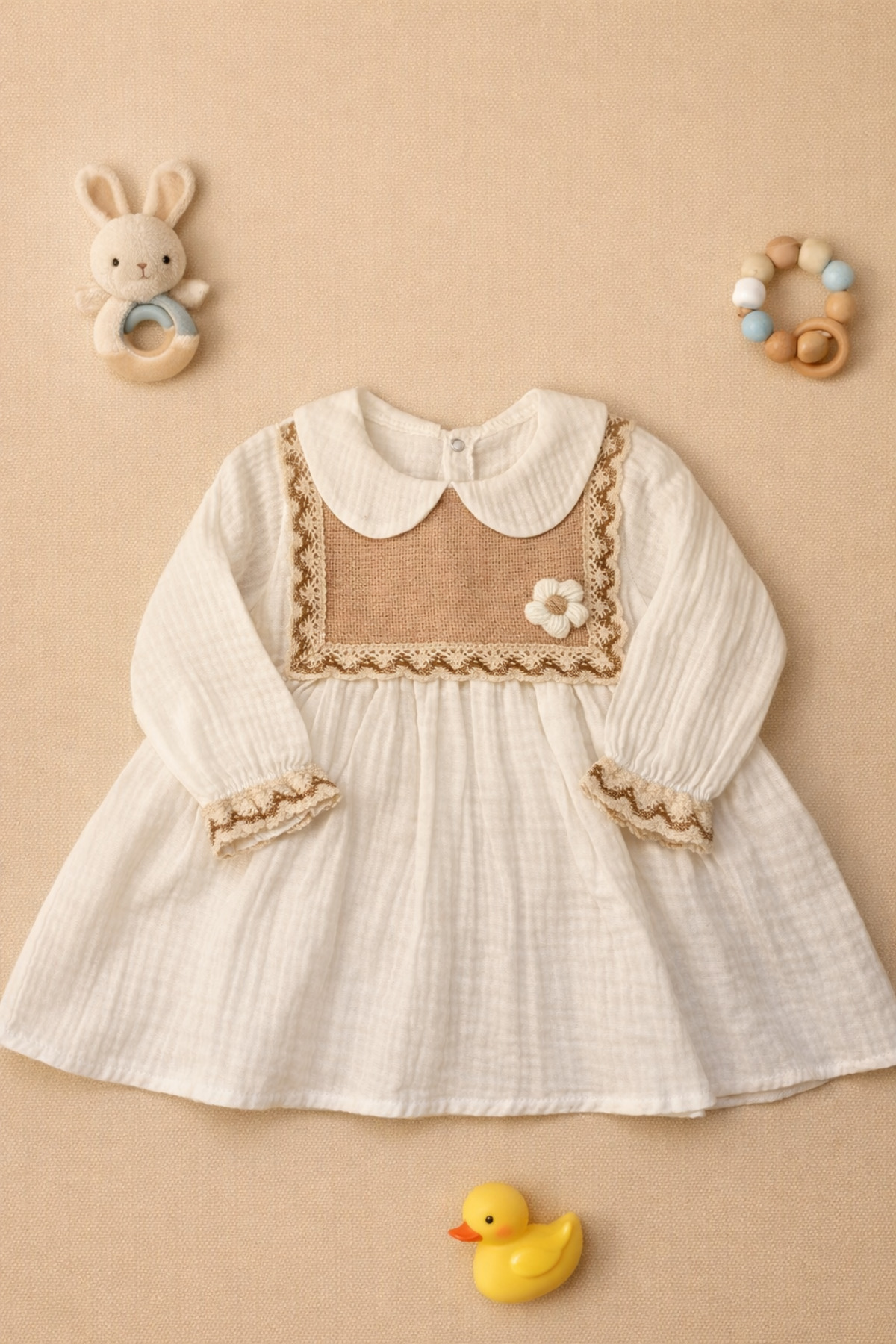 BEBEXO KIDS Kız Bebek Müslin Kumaş Papatyalı Nakış Detaylı Elbise|9-12-18-24 Ay fotoğrafı 3 (önizleme)