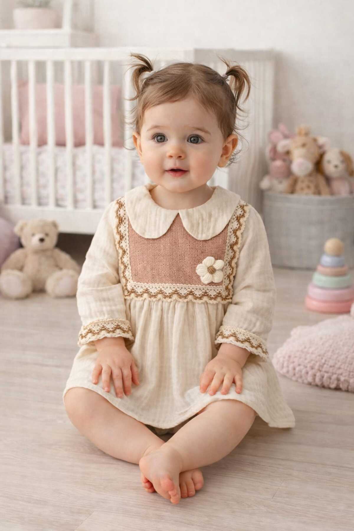 BEBEXO KIDS Kız Bebek Müslin Kumaş Papatyalı Nakış Detaylı Elbise|9-12-18-24 Ay fotoğrafı 2 (önizleme)