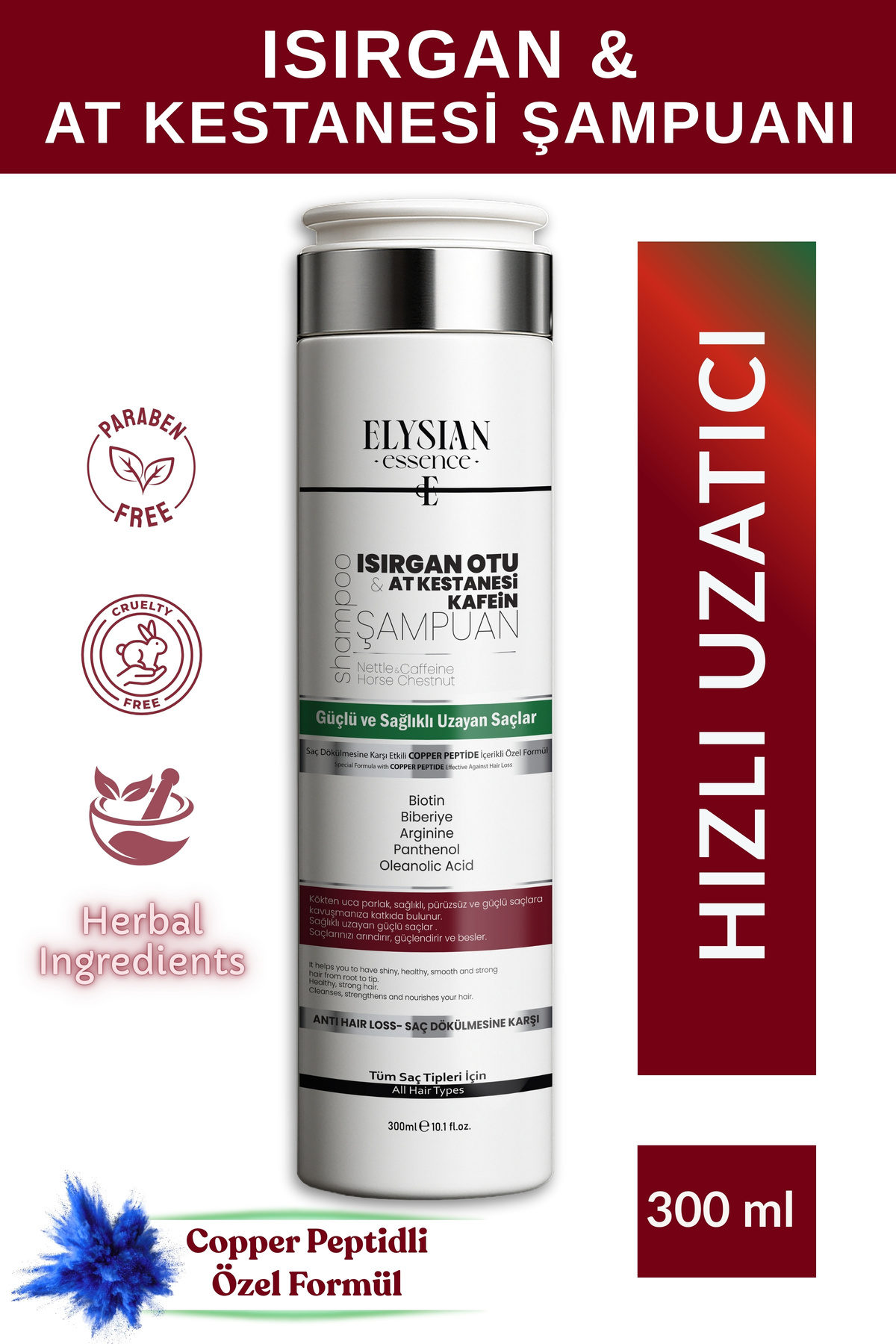 Elysian Essence Isırgan Otu & At Kestanesi & Kafein Şampuanı | Copper Peptidli Hızlı Saç Uzatma Uzatan Etkili 300 ml - Fiyatı, Yorumları